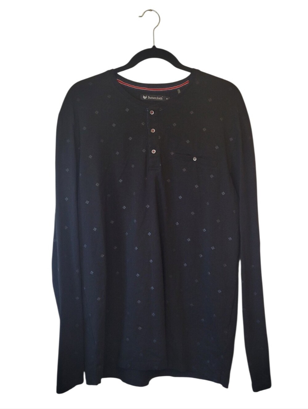 Buttercloth Men's Long Sleeve Henley in Black with Subtle Diamond Print Size XL